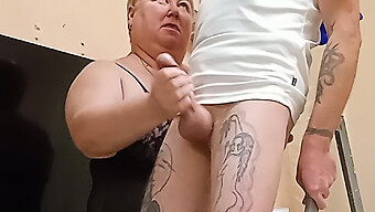 Mil Gives A Handjob And Cumshot Close-Up To Her Son-In-Law